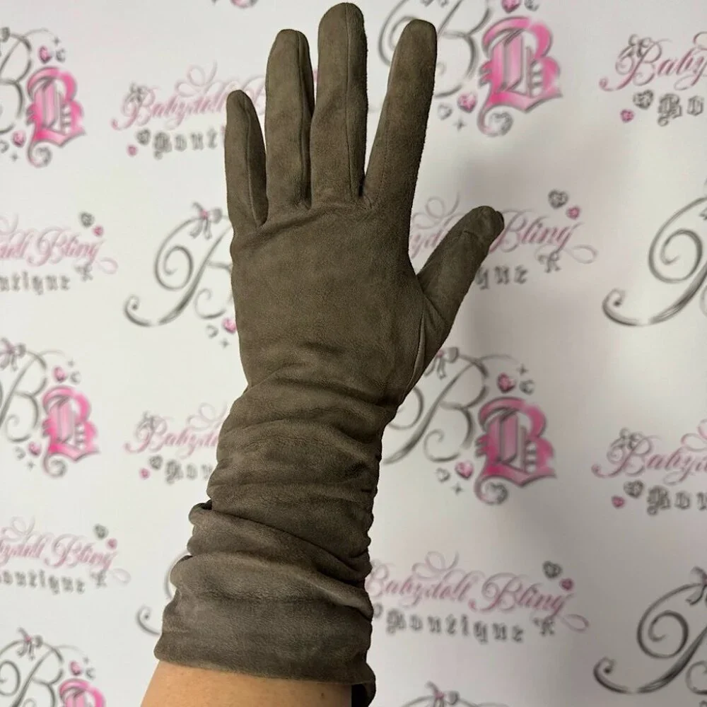 Holt renfrew gloves mittens taupe brown grey nude leather silk cinched sides 7